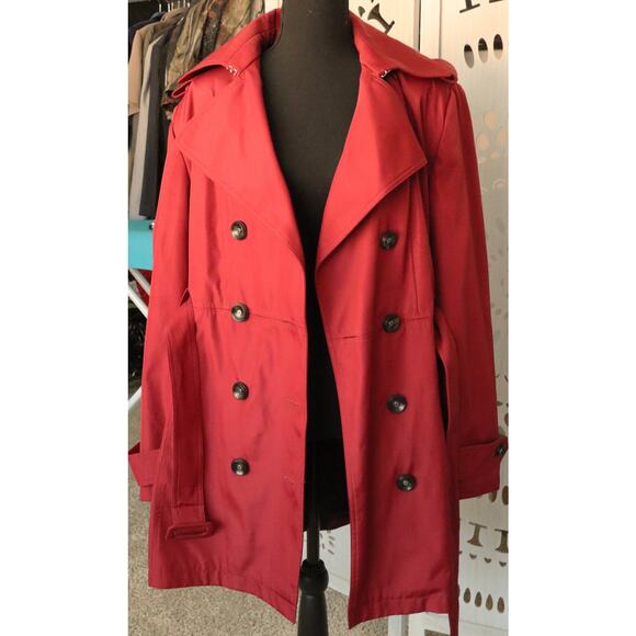 Calvin Klein Oxblood Red Trench Coat Belted Mid Length Double Breasted XL Womens - Picture 2 of 9
